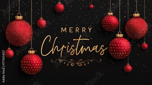 Merry Christmas Decor: Red Baubles with Gold Accents on Black Background