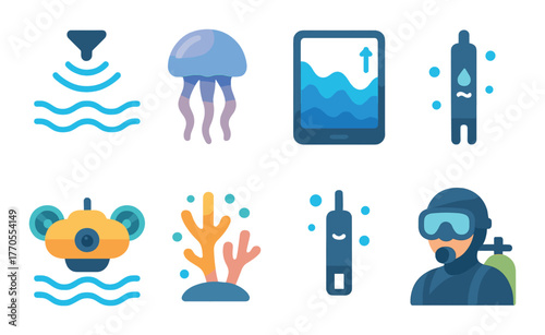 Futuristic underwater exploration icons with diving gear and marine elements
