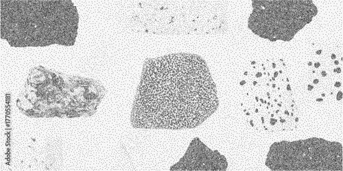 Background filled with abstract fragments and dusty paper cut textures, stipple edges and halftone grit, retro graphic layout with muted tones.