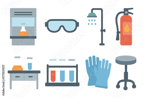 Laboratory safety equipment icons set with goggles, fire extinguisher, and gloves