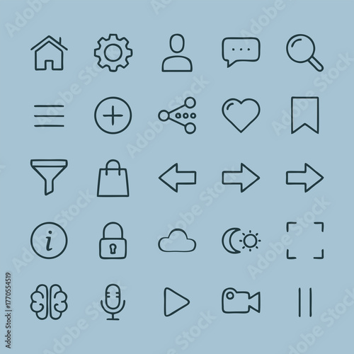 Hand drawn vector set of web icons for social media and business communication including mail, phone, and home symbols