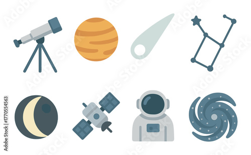 Space icons: telescope, planet, comet, constellation, moon, satellite, astronaut, galaxy