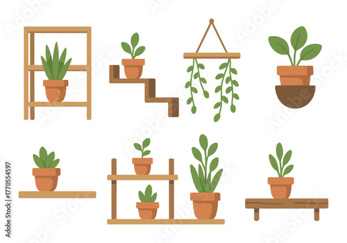 Indoor potted plants on wooden shelves and hanging planters