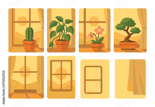 Sunlit windowsill with houseplants and bonsai in warm morning light