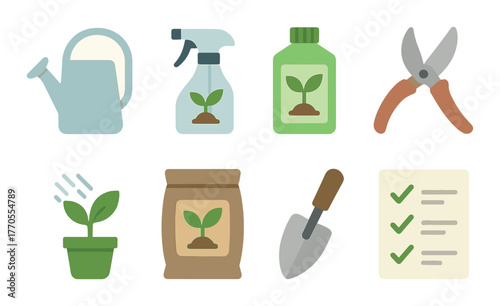 Gardening tools and supplies icons for home plant care and growth