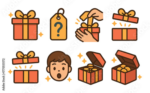 Surprise gift box with coins and happy reaction icon set on gold background