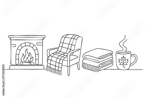 Minimalist single line drawing a comfortable armchair with a plaid blanket furniture