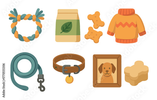 Colorful pet supplies and accessories with dog-themed items on warm background