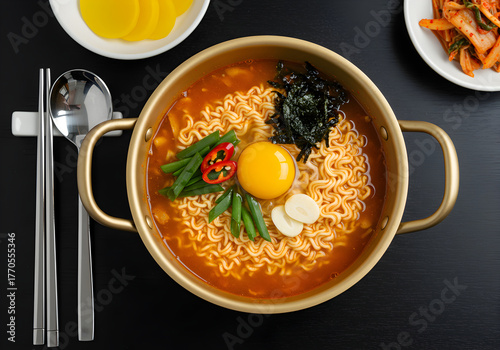 [Generative AI] 양은냄비에 담긴 계란 노른자가 올려진 얼큰한 한국식 라면과 반