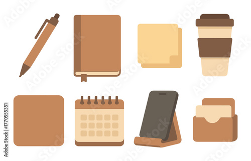 Minimalist office supplies: pen, notebook, sticky notes, coffee cup, phone holder