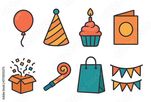 Colorful birthday celebration icons: balloon, party hat, cupcake, and more