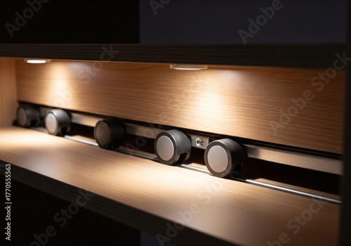 Detailed view of a modular shelving system's automatic repositioning mechanism