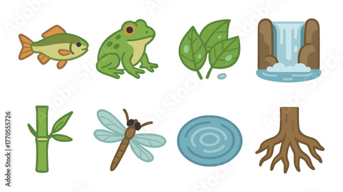 Cartoon nature icons featuring fish, frog, leaves, waterfall, bamboo, dragonfly, pond, tree