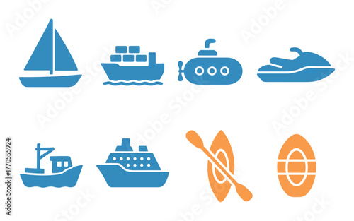 Glowing maritime icons: sailboat, cargo ship, submarine, jet ski, tugboat, cruise, kayak