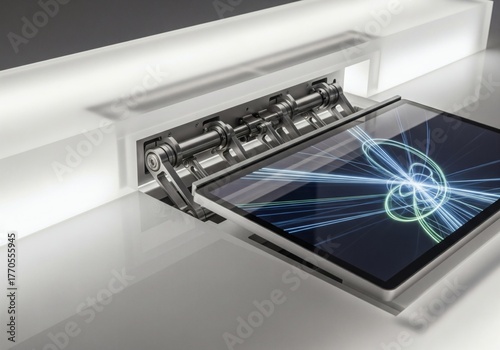 Eye-level close-up on a translucent counter surface where an integrated screen automatically rises for use