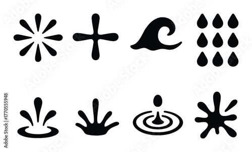 Abstract black and white symbols with water and nature themes on dark background