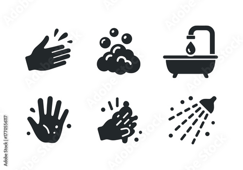 Hygiene icon set: handwashing, soap, bathtub, and shower silhouettes