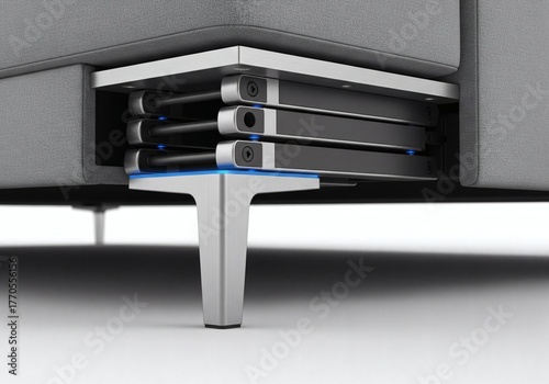 Close-up, low-angle perspective on a smart sofa's internal motorized leg