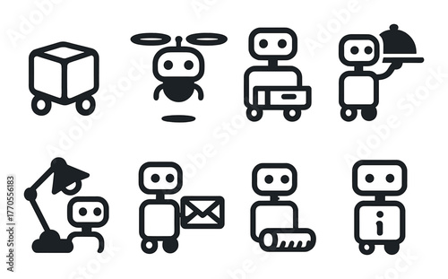Set of robot icons with various functions on a dark background