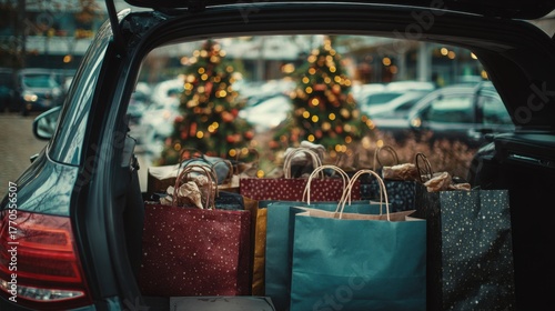 shopping bags in car trunk at mall parking, festive time