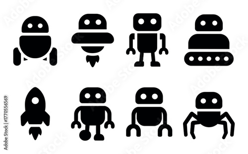 Set of silhouetted robot icons featuring various shapes and designs