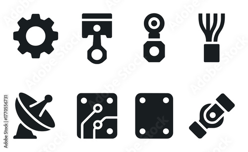 Collection of eight black industrial and tech icons on dark background