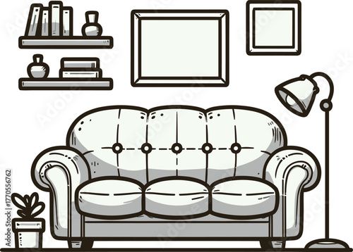 白いソファとリビングのイラスト