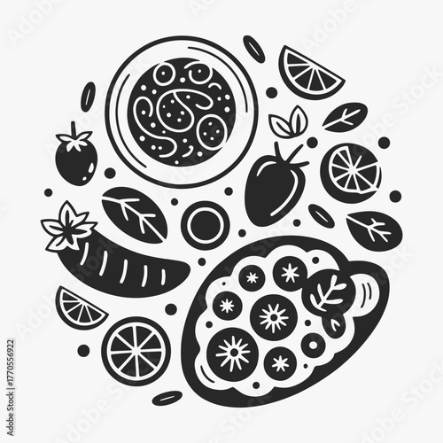 The flat design for the Italian food set. Perfect for print: design menus, stickers, and icons. Focus on fresh, healthy ingredients.