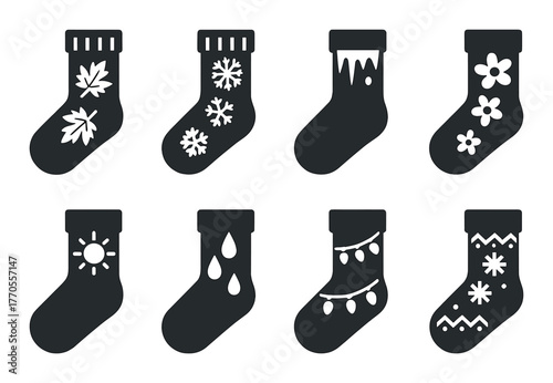 Set of iconic seasonal socks with unique decorations on a dark background