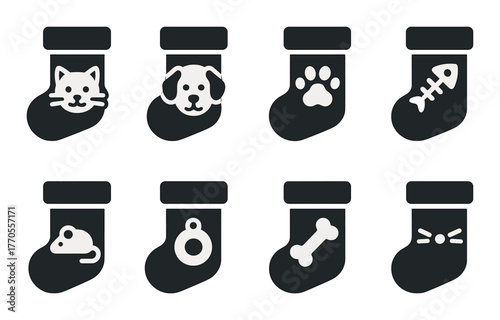 Black and white christmas stockings with pet-themed icons for cats and dogs