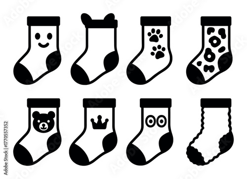 Silhouette of eight unique christmas stockings with fun patterns and designs