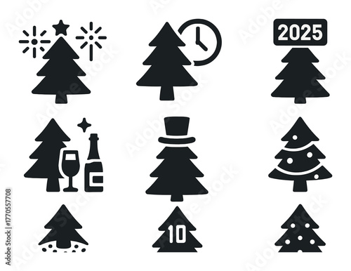 Stylized christmas trees with holiday symbols and 2025 celebration theme