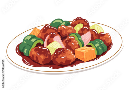 Glossy, delicious sweet and sour pork meatballs mingle with crisp green bell peppers, onions, and carrots in this vibrant vector food illustration isolated on a white background.