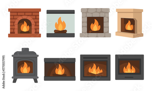 Various fireplace designs with burning flames on different materials and styles