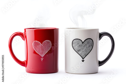 Romantic pair of coffee mugs with heart patterns and rising steam shaped like a heart, symbolizing love and togetherness. Ideal for Valentine’s Day, relationships, or morning coffee designs.