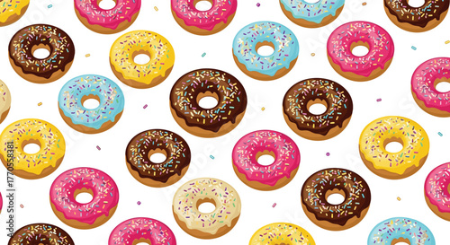 A vibrant, seamless pattern of colorful donuts with various icings and sprinkles scattered across a clean white background, perfect for sweet treats.