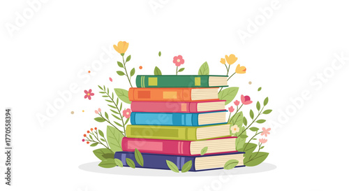 A colorful stack of books surrounded by vibrant spring flowers and green leaves, symbolizing knowledge, growth, and the joy of reading.