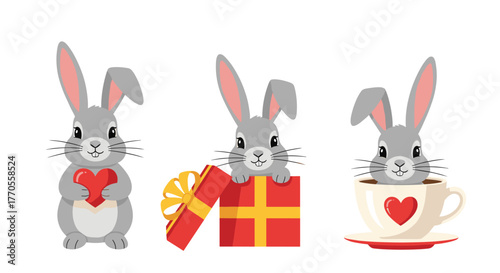 Adorable gray rabbits holding a heart, peeking from a gift box, and sitting in a teacup, perfect for Valentine's Day.