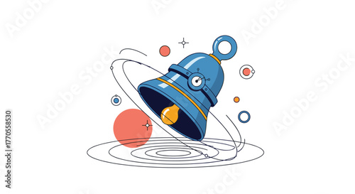 A stylized blue bell with a lightbulb clapper is suspended amidst orbiting lines and celestial bodies, symbolizing notification and innovation.