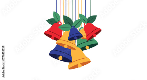 A vibrant collection of festive holiday bells in various colors, adorned with green leaves and hanging from strings against a white background.