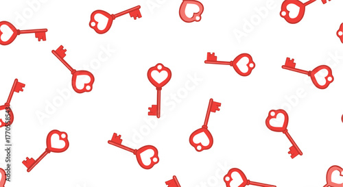 A charming seamless pattern features various red keys with heart-shaped bows scattered across a clean white background, symbolizing love and unlocking possibilities.