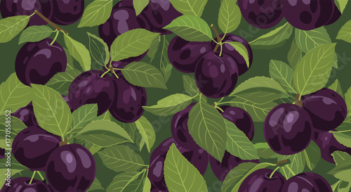 Seamless pattern featuring abundant ripe dark purple plums nestled among lush green leaves on branches against a deep green background.