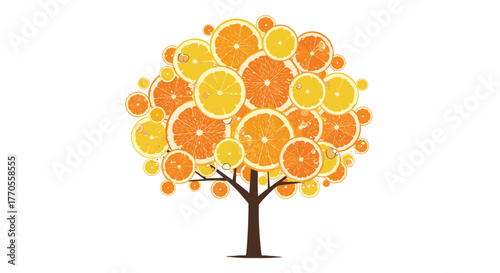 A vibrant tree with a canopy formed by a mosaic of colorful orange and yellow citrus slices, symbolizing freshness and nature.