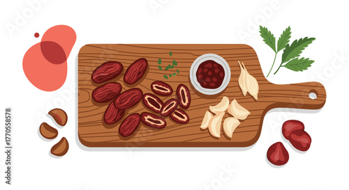 Dates, garlic, dark paste, and fresh herbs on a wooden cutting board, prepared for a healthy and flavorful meal.