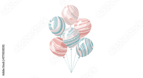 A beautiful arrangement of six festive balloons featuring elegant marble patterns in soft pink and blue hues, ideal for any celebration.