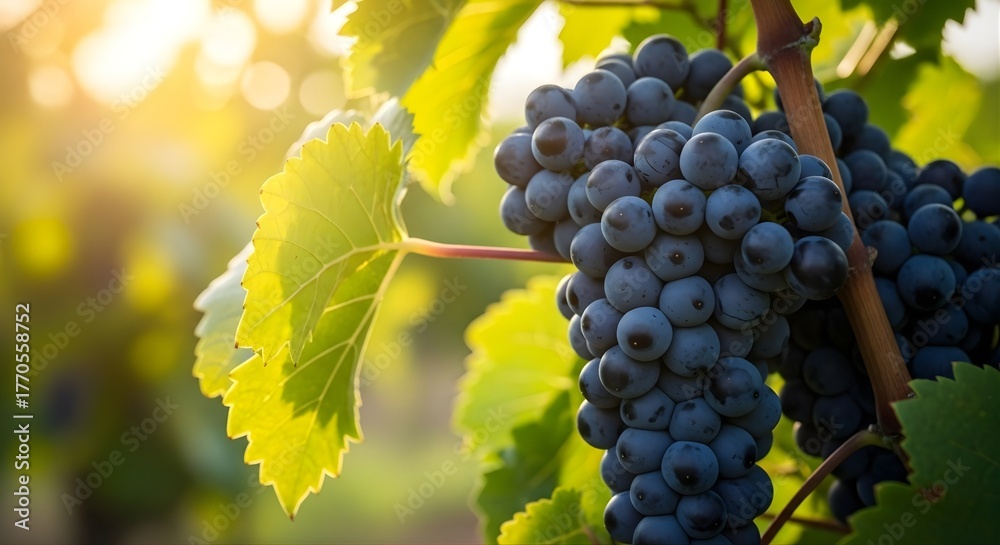 Fototapeta premium Lush Purple Grapes Ripening on the Vine in a Sun-Drenched Vineyard.