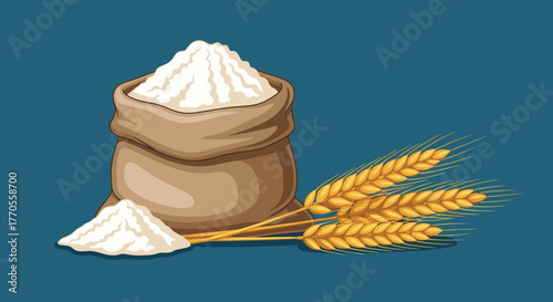 Illustration of a burlap sack brimming with white flour, accompanied by a small mound of flour and golden wheat stalks against a solid blue backdrop.