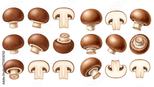 A collection of illustrated brown cremini mushrooms shown whole, sliced, and from various angles on a transparent background.