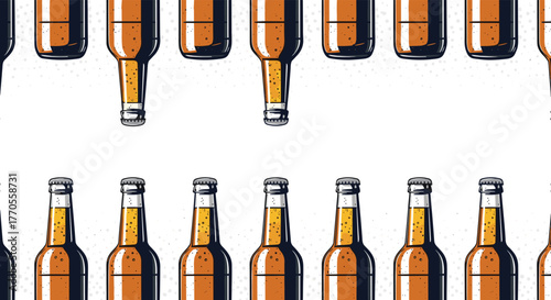 Graphic illustration creating a seamless pattern of beer bottles, both upright and inverted, set against a textured white background.