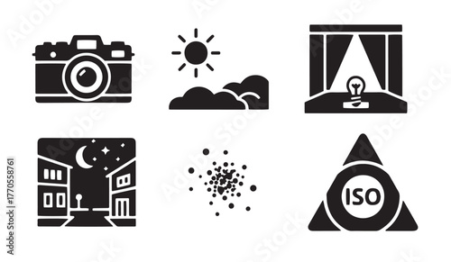 Minimalist black icons set for photography settings and light: camera, sun, studio light, night scene, particles, ISO triangle — ideal for photo education, UI design and camera app content.